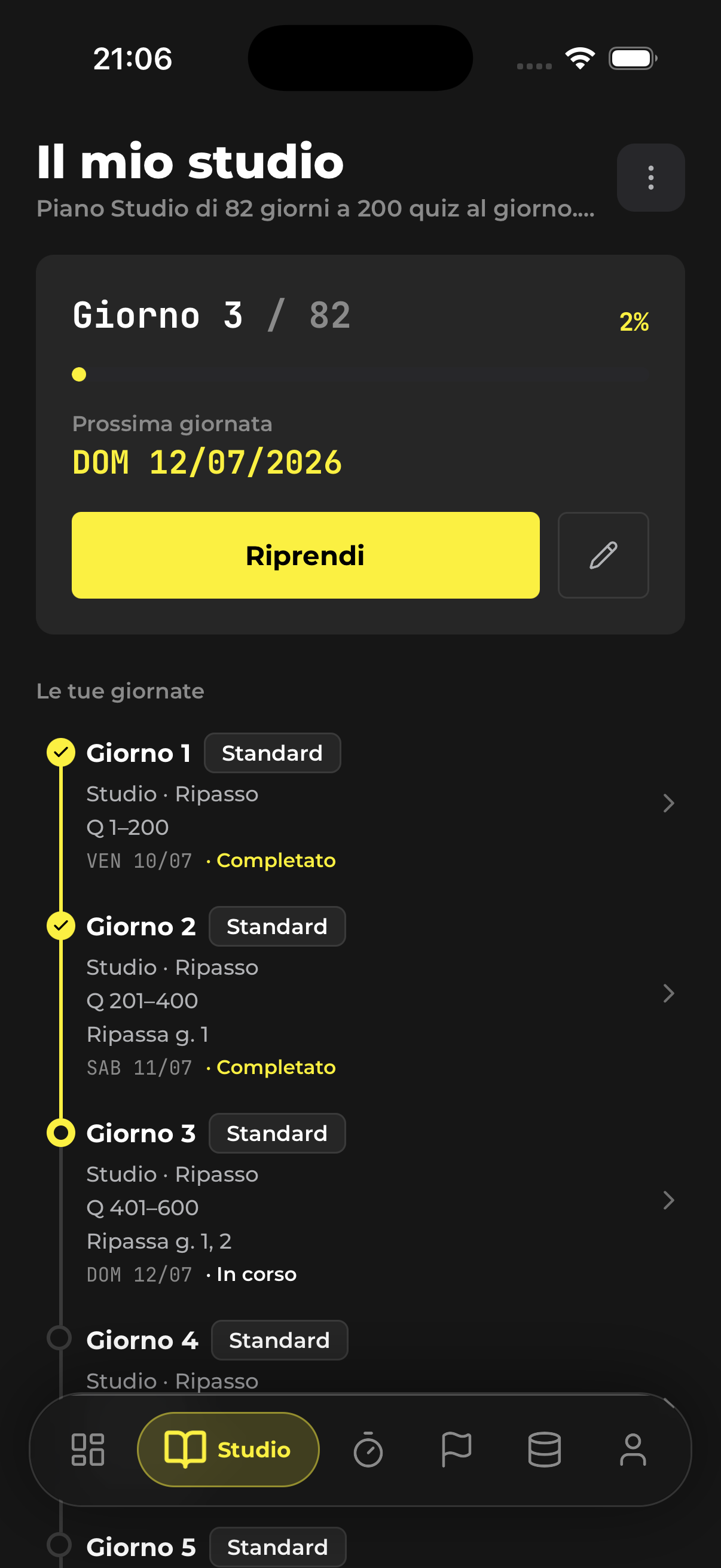 La schermata «Il mio studio» dell’app 9000ABCD: un piano di studio di 82 giorni, con la giornata di oggi in corso e le giornate già completate spuntate.