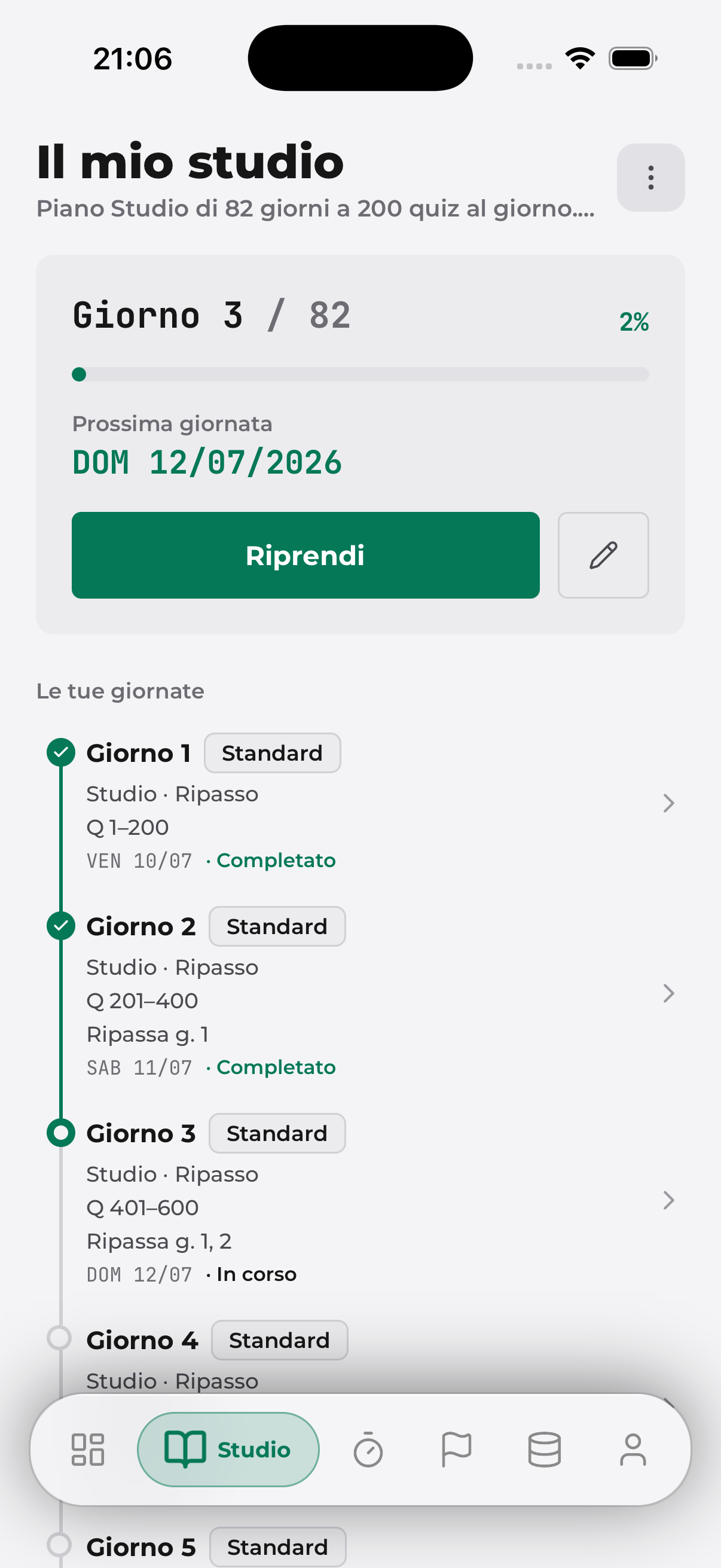 La schermata «Il mio studio» dell’app 9000ABCD: un piano di studio di 82 giorni, con la giornata di oggi in corso e le giornate già completate spuntate.